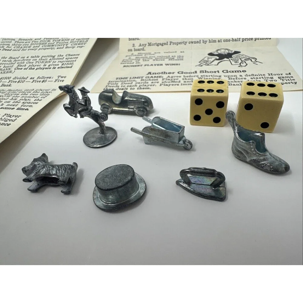 Vintage 1961 Monopoly Board Game Instructions Cream Dice 7 Pewter Game Pieces